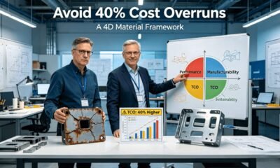 A product designer and a manufacturing expert analyze failed and successful sheet metal parts alongside a TCO chart, in front of a whiteboard illustrating the 4D material selection framework (performance, manufacturability, cost, sustainability), visually representing strategic material decision-making.