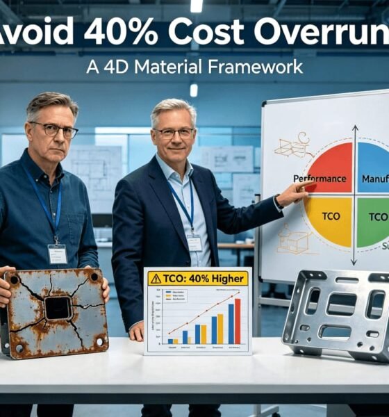 A product designer and a manufacturing expert analyze failed and successful sheet metal parts alongside a TCO chart, in front of a whiteboard illustrating the 4D material selection framework (performance, manufacturability, cost, sustainability), visually representing strategic material decision-making.