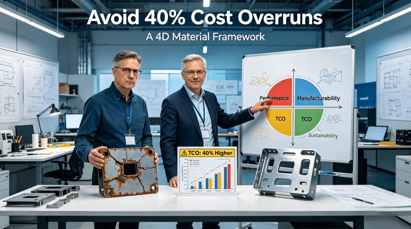 A product designer and a manufacturing expert analyze failed and successful sheet metal parts alongside a TCO chart, in front of a whiteboard illustrating the 4D material selection framework (performance, manufacturability, cost, sustainability), visually representing strategic material decision-making.